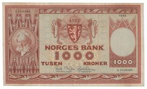 Norway. 1000 kroner 1966. A2556868. Blekkskrift på revers/ink writing on reverse