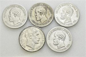 Lot 5 stk. 1 krone 1889, 1890, 1892, 1893 og 1917