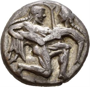 ISLANDS off THRACE, Thasos. 525-463 BC. AR stater (9,00 g). Nude Silenos/satyr in kneeling position right, carrying off a protesting nymph / Quadripartite incuse square. Punch mark on obverse. Appealing old cabinet tone.