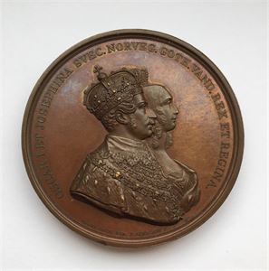 Oskar I, Kongens og Dronningens kroning 1844. Lundgren. Bronse. 57 mm