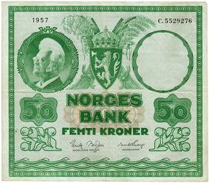 50 kroner 1957. C5529276. Knappenålshode/pin hole