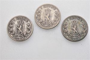 Norge, Oscar II, lot 3 stk. 1 krone 1877, 1879 og 1881