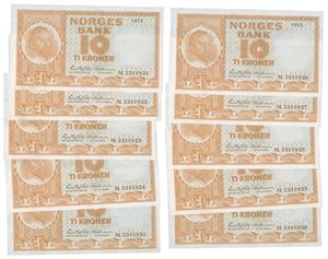 Lot 10 stk. 10 kroner 1973. M5318821-30