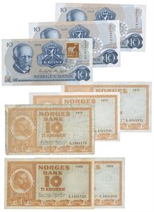 Lot 8 stk. 10 kroner 1954 E, 1969 U, 1972, G, K, L samt 3 stk. 10 kroner 5.utgave