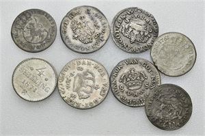 Lot 8 stk. 8 skilling 1701, 1703, 1709, 1712, 4 skilling 1871 og 2 skilling 1761, 1762 og 1763