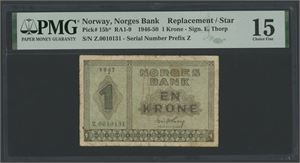 1 krone 1947. Z.0010131. Erstatningsseddel/replacement note