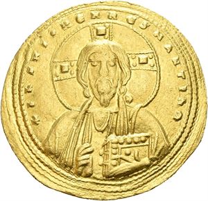 Michael IV, the Paphlagonian 1034-1041, AV histamenon nomisma, Constantinople (4,45 g). Bust of Christ facing wearing nimbus with cross, pallium and colobium/Bust facing with short beard wearing crown and loros, holding labarum and globus with cross