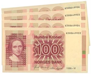 100 kroner 1986. 6308649953-56. (4 stk.)
