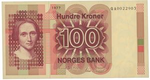 100 kroner 1977. QA0022903. Erstatningsseddel/replacement note