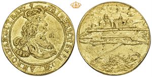 Speciedaler u. år. Galvano forgylt kopi i orig. treeske av material fra Akershus