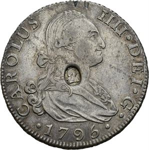 George III, dollar. Kontramarkert på Sevilla 8 reales 1795. Testkutt på kanten/test cut on the edge