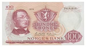 100 kroner 1974. Z0182818. Erstatningsseddel/replacement note