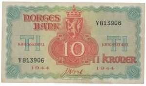 10 kroner 1944. Y813906. Litt skitten/a bit dirty