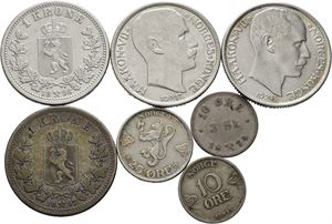 Norge. Lot 7 stk. 1 krone 1897, 98, 1915, 17, 25 øre 1915 og 10 øre 1875 og 1915