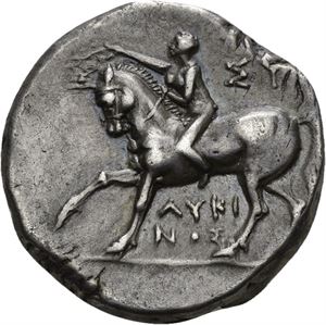 CALABRIA, Taras, 272-235 f.Kr., didrachme (6,20 g). Naken gutt på hest mot venstre/Taras på delfin mot venstre