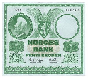 50 kroner 1965. F2626618. Blekkskrift på revers/inkwriting on reverse.
