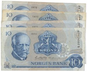 Lott 4 stk. 10 kroner 1972 QJ, QK, QL og QM. Erstatningssedler/replacement notes