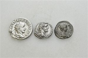LOT #10. 2 AR denarii and 1 AR antoninianus. Denarii: Septimius Severus and Plautilla. AR antoninianus: Gordian III. Total of 3 coins in lot.