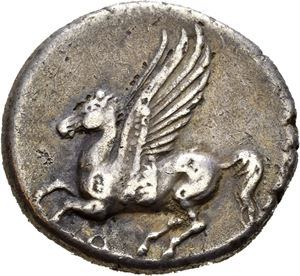 CORINTHIA, Corinth. Circa 345-307 BC. AR stater (8,34 g). Pegasus flying left / Head of Athena in Corinthian helmet to left; I below chin; behind Athena, Nike flying left, holding fillet.