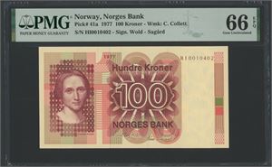 100 kroner 1977. HI0010402. Erstatningsseddel/replacement note