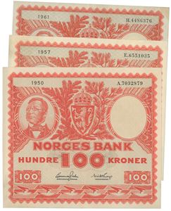 Lott 3 stk. 100 kroner 1950 A, 1957 E og 1961 H