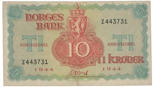 10 kroner 1944 Z 443731.  En 7 mm brettrift.