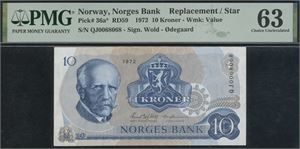 10 kroner 1972. QJ0068068. Erstatningsseddel.
