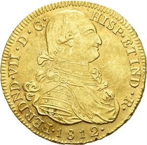 Ferdinand VII, 8 escudos 1812. Popayan. Noe korrodert og liten ripe/some corrossion and minor scratch