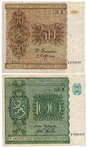 Lot 2 stk. 100- og 50 markkaa 1945