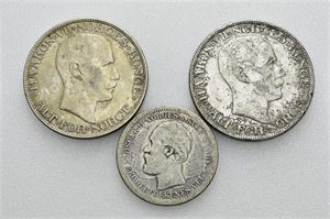Lot 3 stk. 2 kroner 1914, 1917 og 1 krone 1877