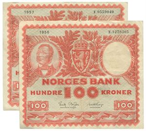Lot 2 stk. 100 kroner 1956 E og 1957 F