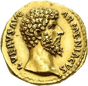 Lucius Verus. AD 161-169. AV aureus, Roma AD 163-164, (7,36 g). Bare head of L. Verus right / TR P IIII IMP II COS II, REX ARMEN DAT (in exergue), L. Verus seated left on platform, officer standing on his left side and a soldier on the right side; at foot of platform, king Sohaemus standing left. A spectacular coin with a refined portrait and an intriuging reverse. Almost as struck and lustrous.