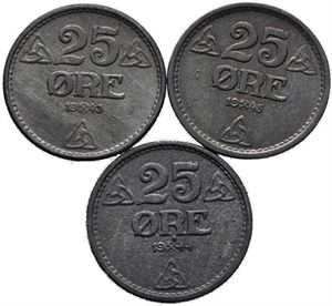 25 øre 1943, 44 og 45 sink