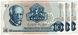 Lot 3 stk. 10 kroner 1982. BJ9475957-9
