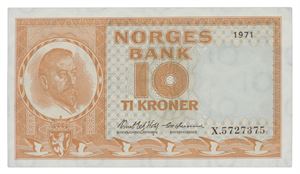 10 kroner 1971. X5727375. Erstatningsseddel/replacement note