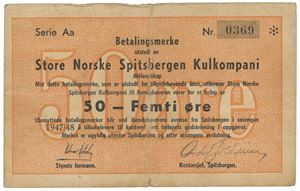 50 øre 1947/48. Serie Aa. Nr. 0369. Små rifter/small tears. Meget sjelden/very rare