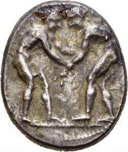 PAMPHYLIA, Aspendos. Circa 380-375 BC. AR stater (10,93 g). Two nude wrestlers grappling with each other / ESTFE?IIYS, slinger standing right; in right field, triskeles above eagle standing right. All within dottet square frame within low incuse square. Obverse struck with worn die. Small deposit on obverse. Toned.