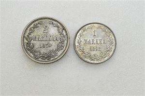 Lot 2 stk. 2 markkaa 1870 og 1 markka 1892