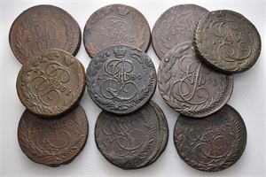 Catharina II, lot 10 stk. 5 kopek EM; 1764, 1765, 1768, 1770, 1773, 1780, 1781, 1784, 1794 og 1795