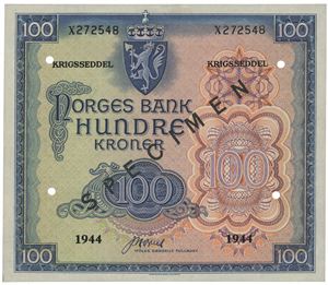 100 kroner 1944. X272548. Overtrykt SPECIMEN og perforert med 4 hull