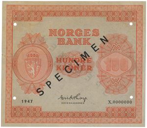 100 kroner 1947. X.0000000. Overtrykt SPECIMEN og perforert med 4 hull. Monteringsspor/traces of mounting