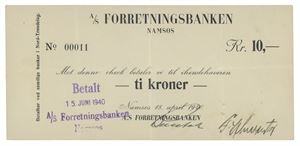 A/S Forretningsbanken, Namsos, 10 kroner 18.april 1940. No.00011. Stifthull/pin holes