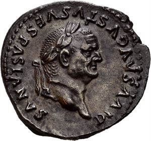 Titus. AD 79-81 - for Divus Vespasian. AR denarius, Roma AD 80-81, (3,27 g). Laureate head of Vespasian right / Circular shield attached to column which is surmounted by urn (shield inscribed with S C); E - X and laurel branches flanking the column. Dark patination and very minor corrosion on the reverse.