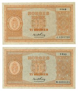 Lot 2 stk. 10 kroner 1948. J1205766 og 1952. W6693121
