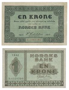 Lot 2 stk. 1 krone 1917. E1061165 og 1 krone 1942. D4328260