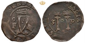 4 maravedis u.år/n.d. (4,00 g). Kolonimynt preget på Santo Domingo i Karibien mellom 1544 og 1564