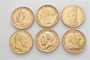 Victoria-George V. Lott 6 stk. sovereigns; 1876, 1891, 1898, 1906, 1911, og 1913