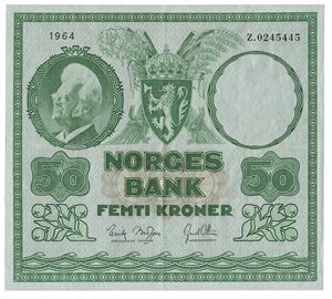 50 kroner 1964. Z0245445. R. Erstatningsseddel/replacement note. Ikke registrert i så god kvalitet i Norske Pengesedler