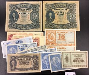 Lot 14 sedler 1942 til 1991 i blandet kvalitet. Bl. a. 2 stk. 50 kroner 1942