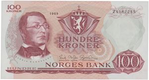 100 kroner 1969. Z1182255. Erstatningsseddel/replacement note.